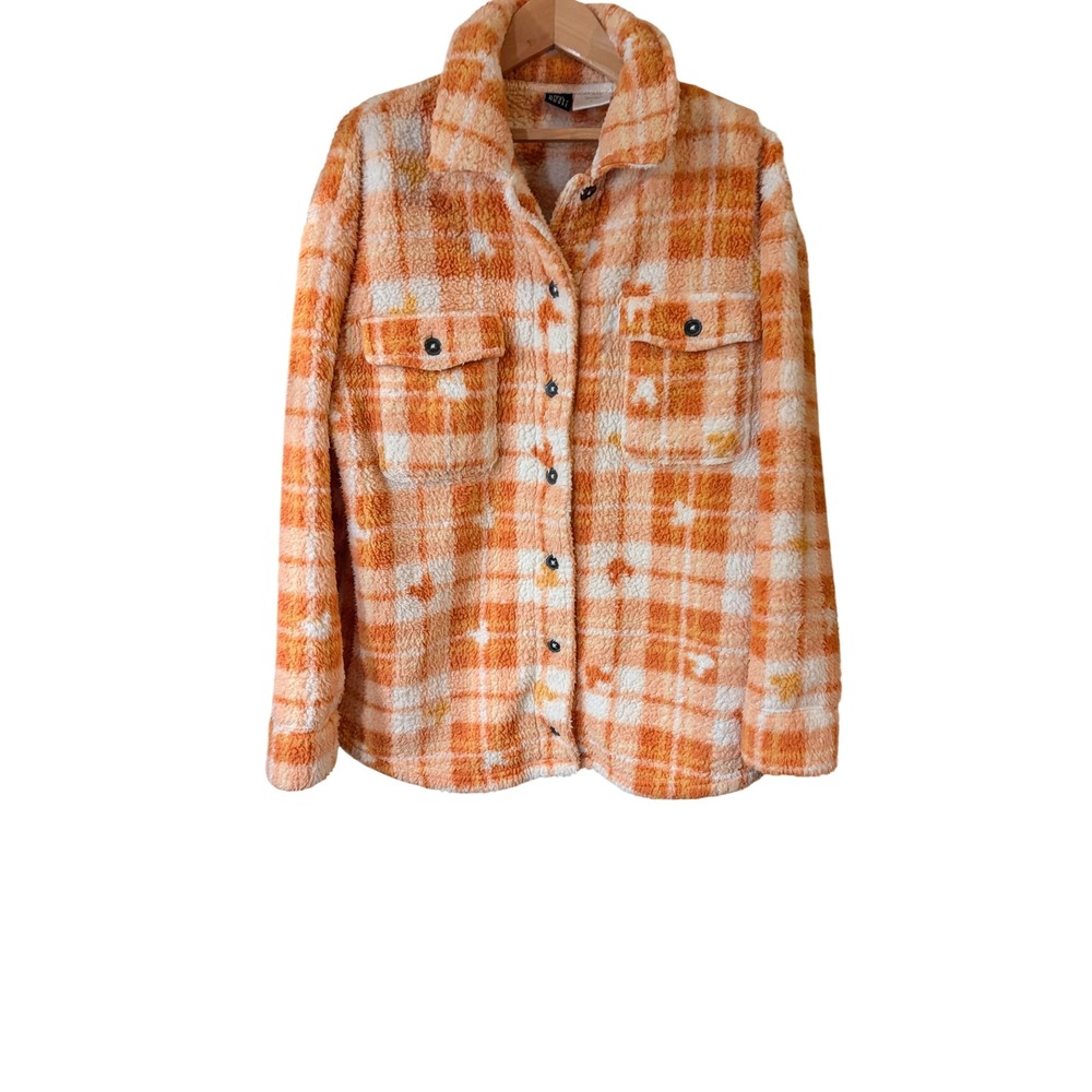 Disney Mickey Mouse Orange Plaid Fleece Shacket Button Down Jacket Large